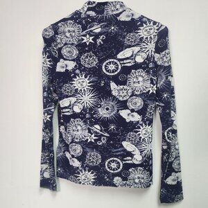 Foray Golf Womens Printed Mock Neck Long Sleeve Shirt Medium Navy/White Stretch